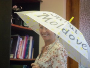 Sue, modeling the official Walk Captain umbrella.
