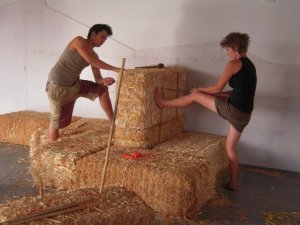 Straw bale construction. These are used to build houses, walls, and benches.